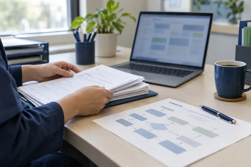 A clinic administrator reviewing intake forms beside a mapped process flow