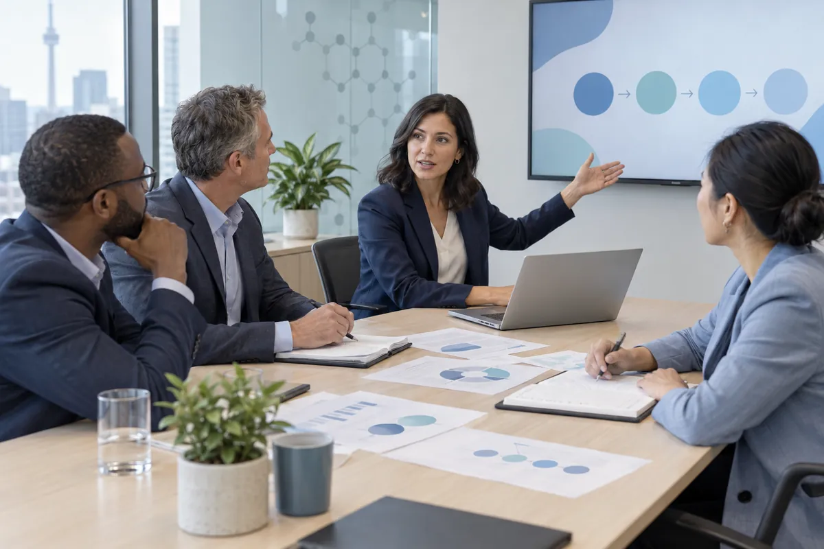 A pharmaceutical commercial team reviewing planning documents in a meeting room