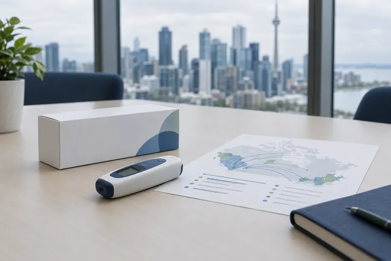 A medical device and a market map on a meeting table overlooking the Toronto skyline