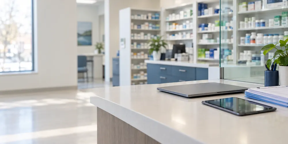 A calm, well-organized pharmacy and clinic workspace in morning light