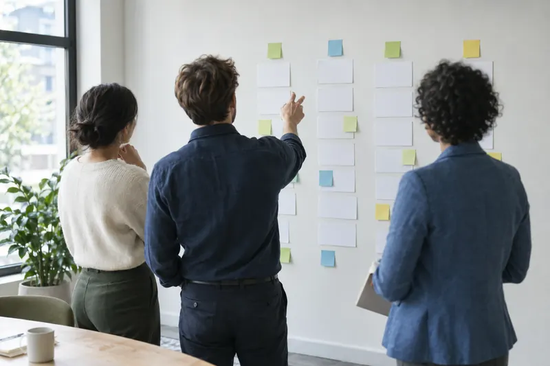A small leadership team reviewing workstreams on a planning wall
