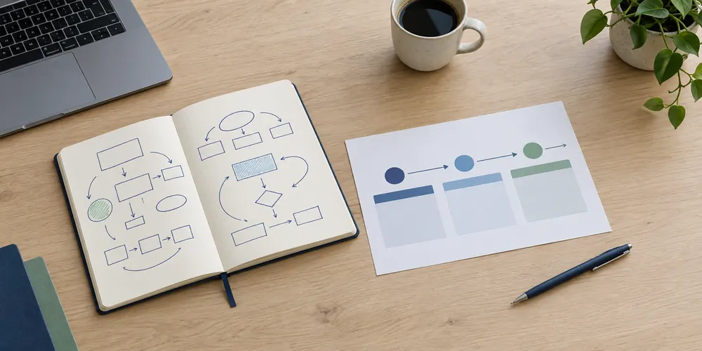 A working session table with a sketched process map and a three-phase plan