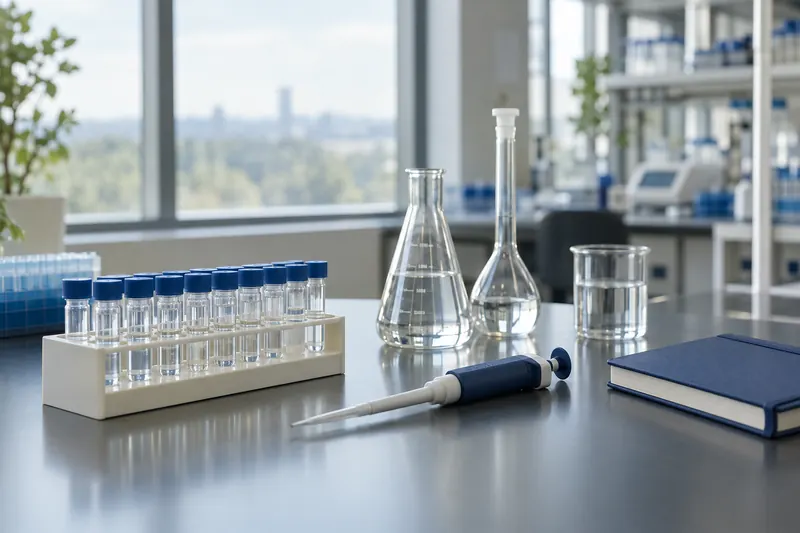 A life sciences laboratory bench with sample vials and glassware