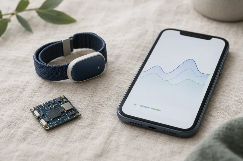A wearable health sensor, a prototype circuit board and a smartphone